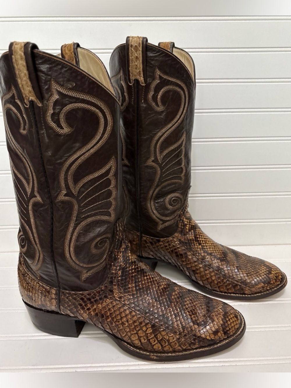 LARRY MAHAN Python Snake Vintage Cowboy Brown Exotic Leather Boots Mens Size 10